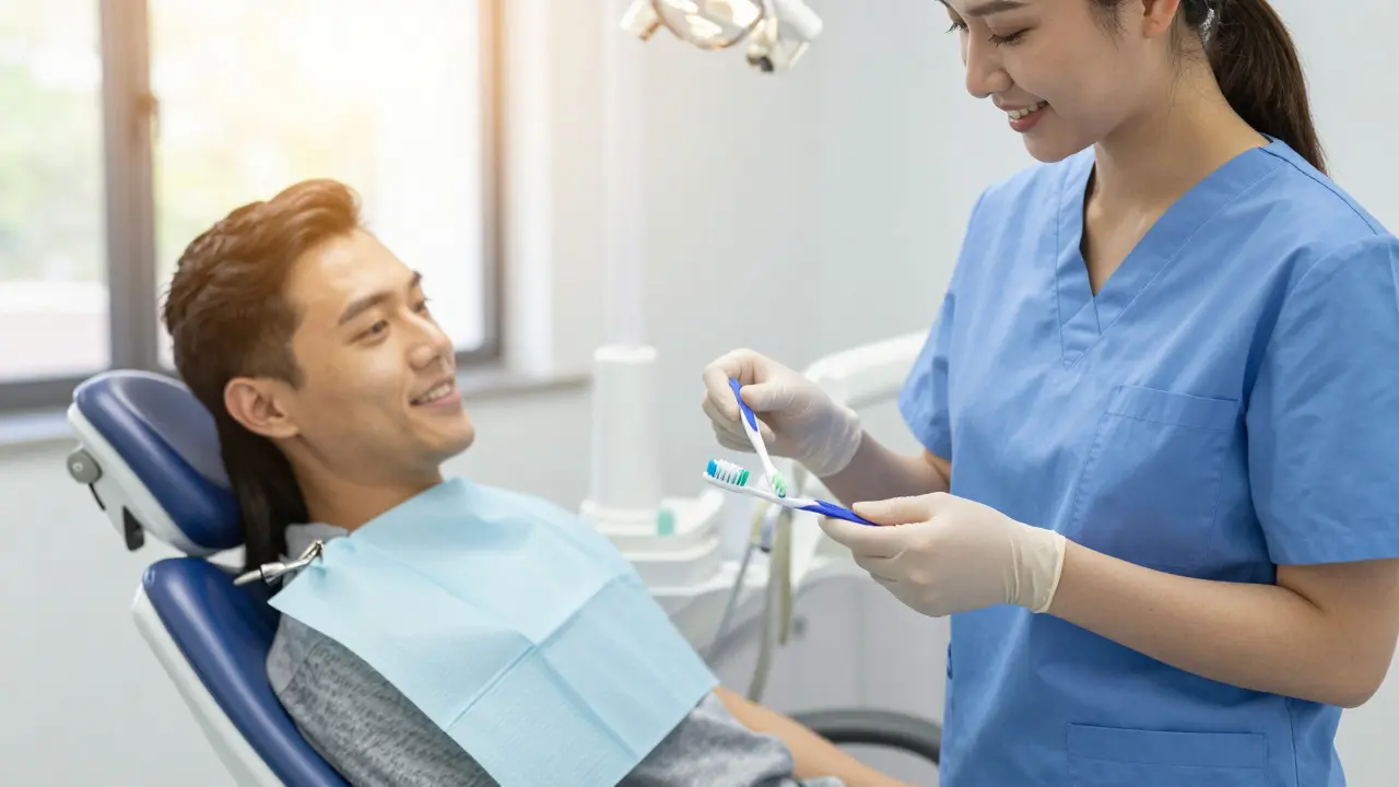 Pacient v ordinaci s hygienikem ukazující mezizubní kartáčky