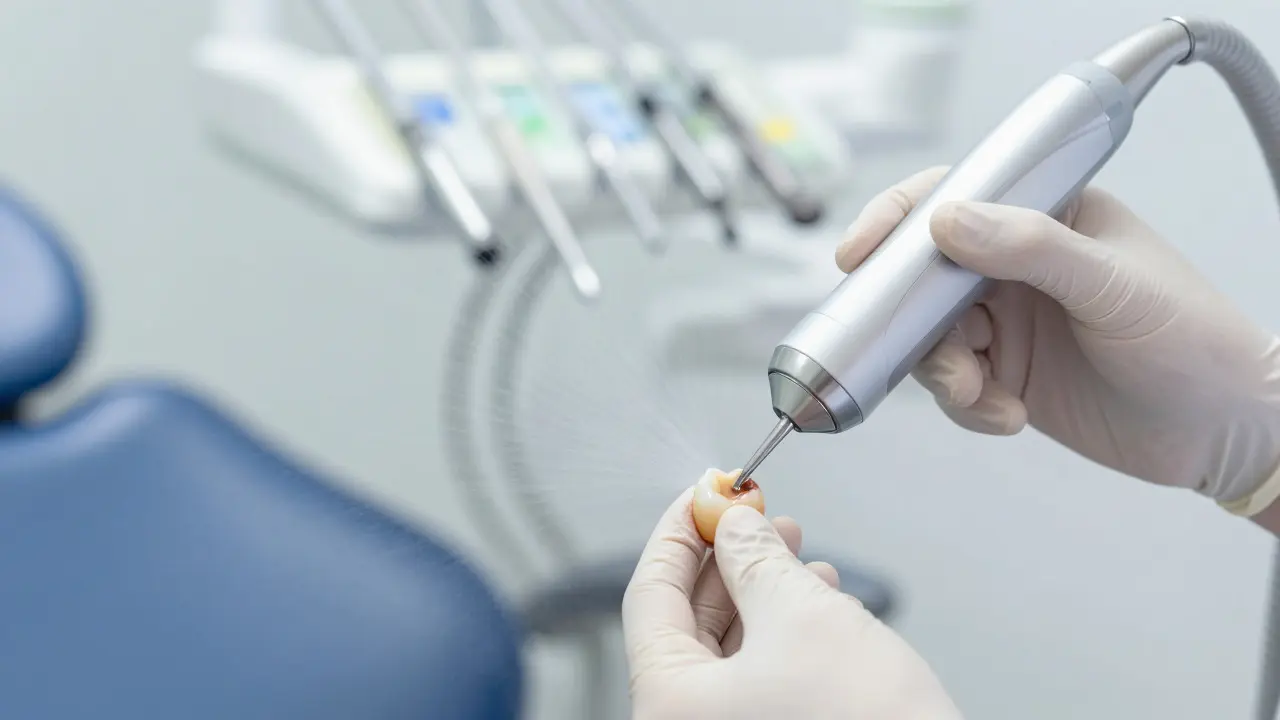 Ultrazvukový nástroj odstraňuje zubní kámen z povrchu zubu v ordinaci
