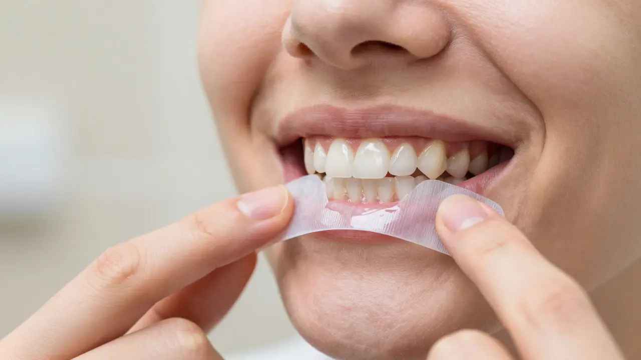Záběr detailu aplikace bělicí pásky na horní řadu zubů