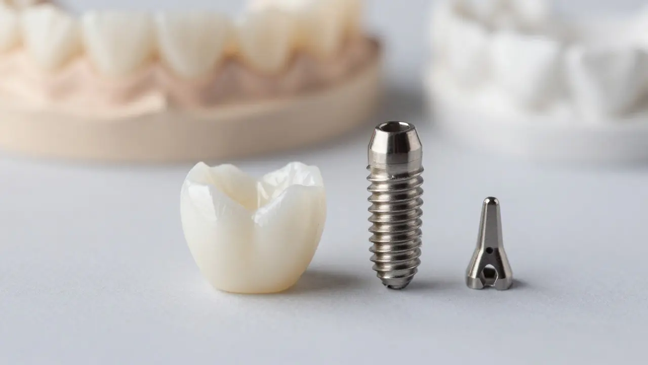 Makro záběr zubní korunky a titánového implantátu