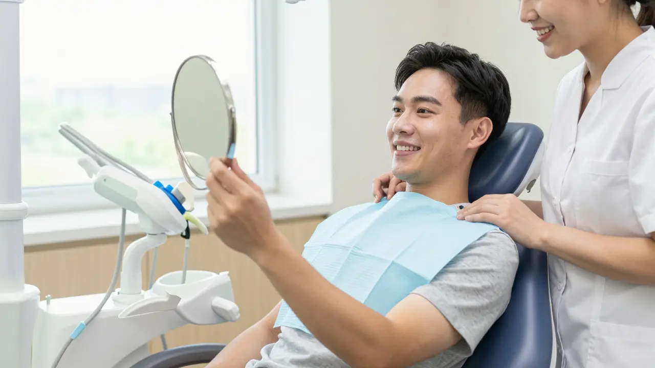 Usměvavá pacientka v dentální židli se dívá do zrcadla