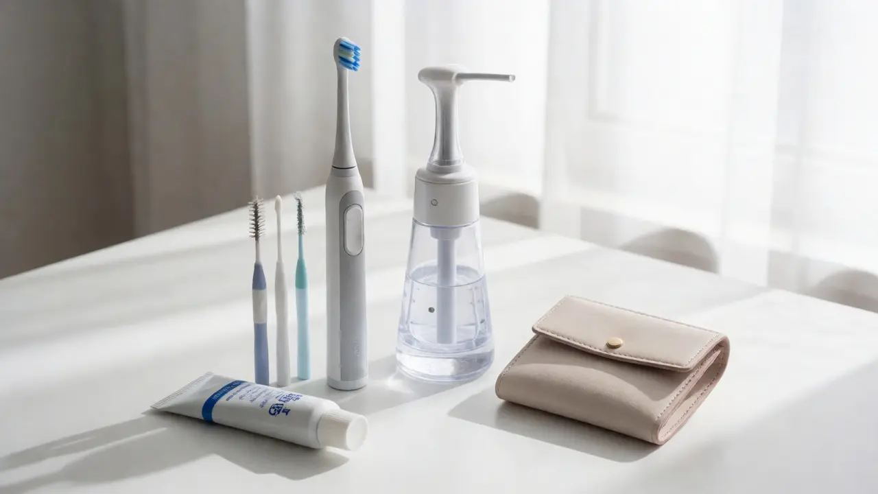 Dentální pomůcky a peněženka jako symbol péče a nákladů