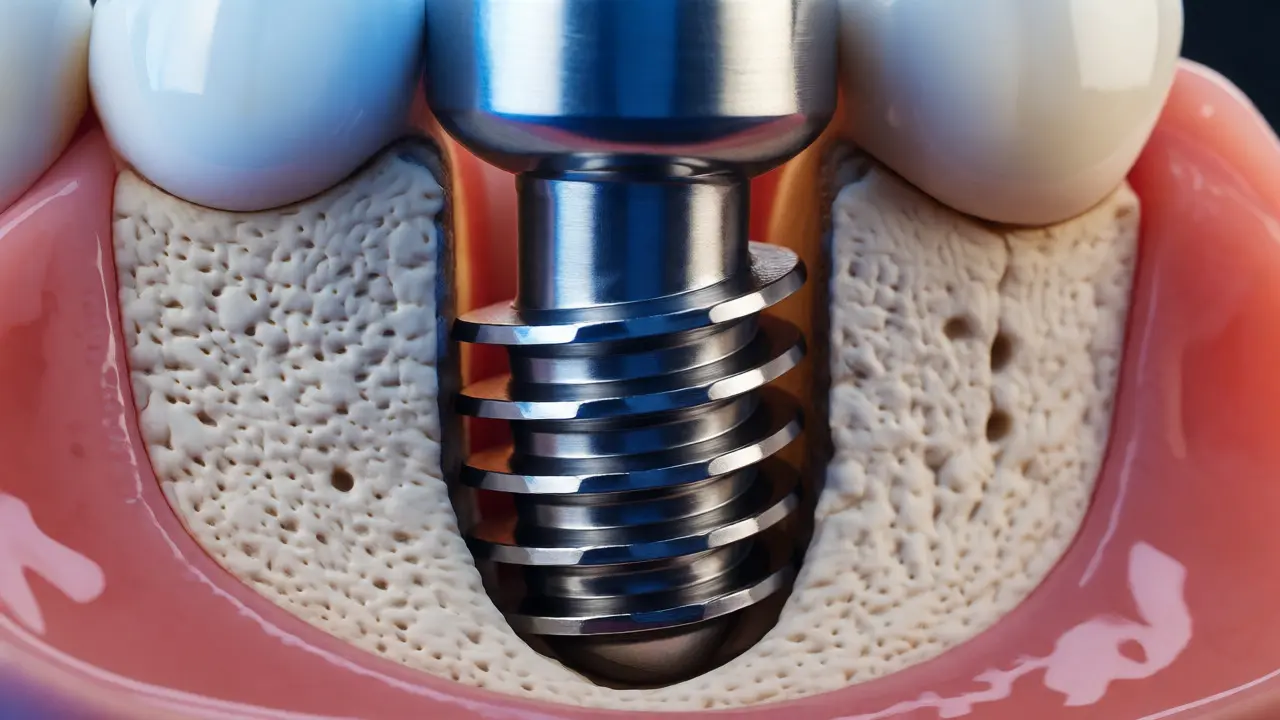 Detailní makro snímek titanového zubního implantátu integrovaného do čelistní kosti.