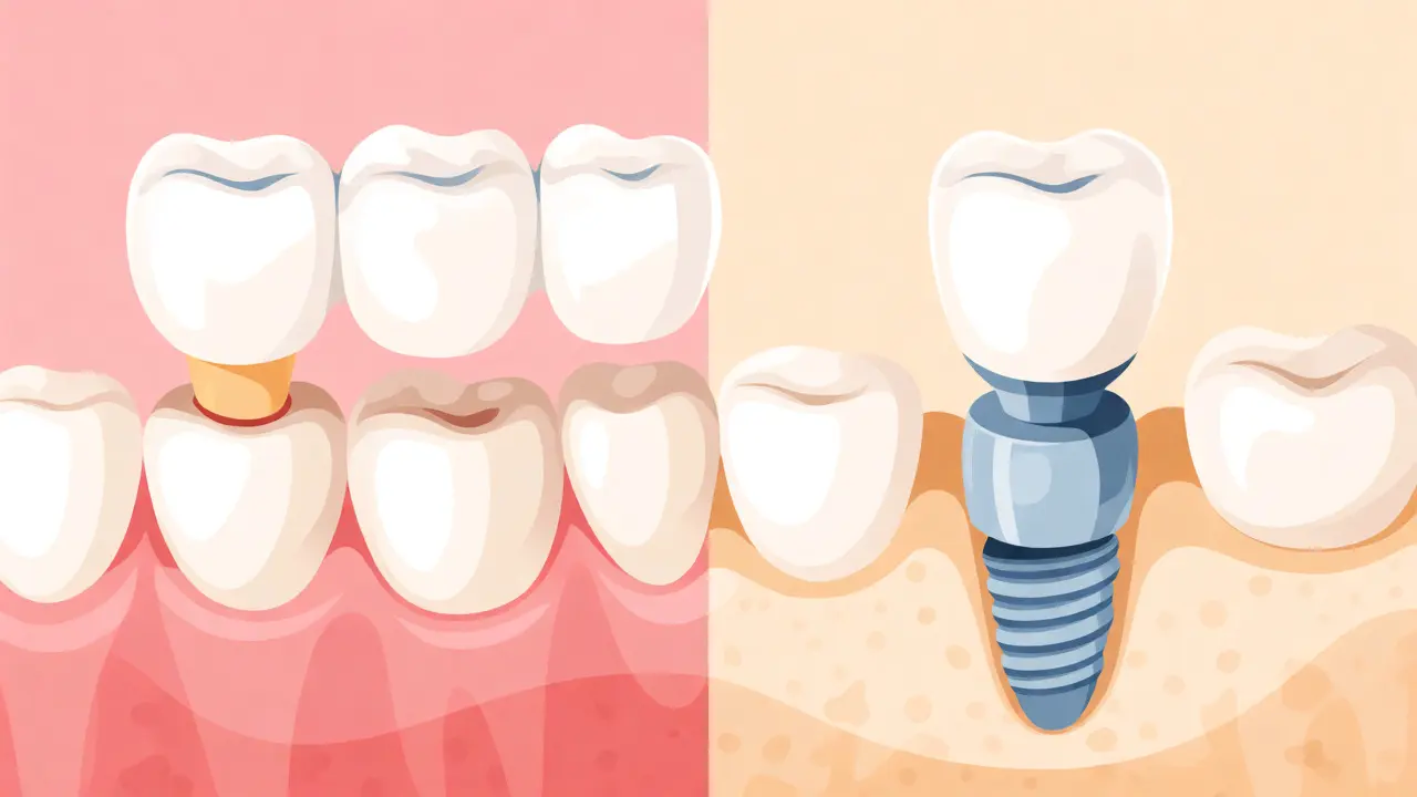 Porovnání zubního můstku opřeného o sousední zuby s nezávislým implantátem.