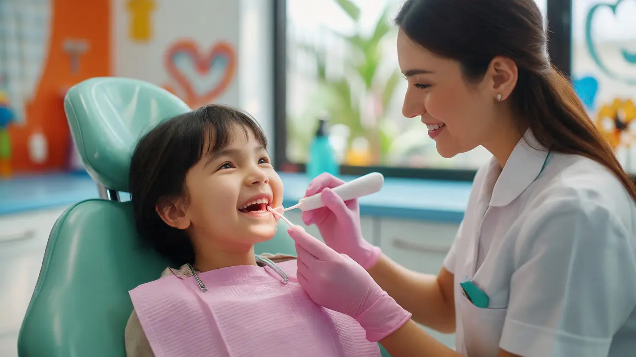 Přátelská dentální hygienistka ošetřuje usměvavé dítě v barevné dětské ordinaci.