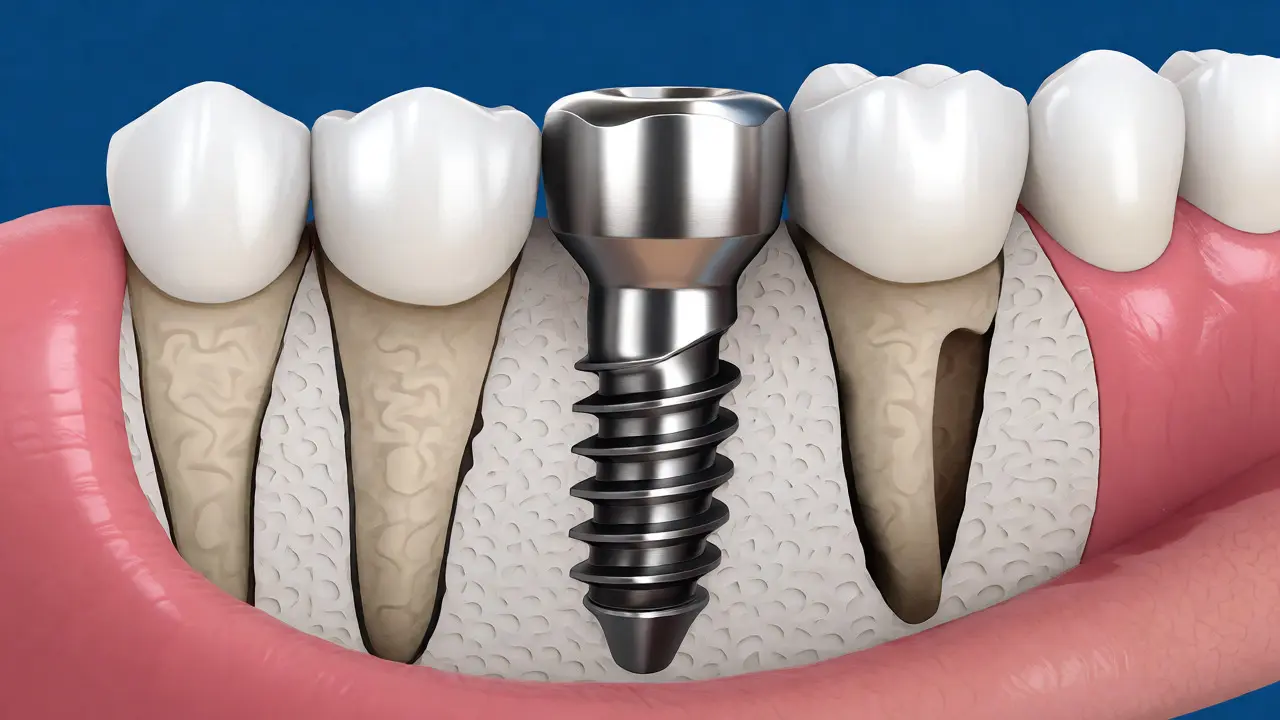 Řez čelistí s integrovaným titanovým implantátem