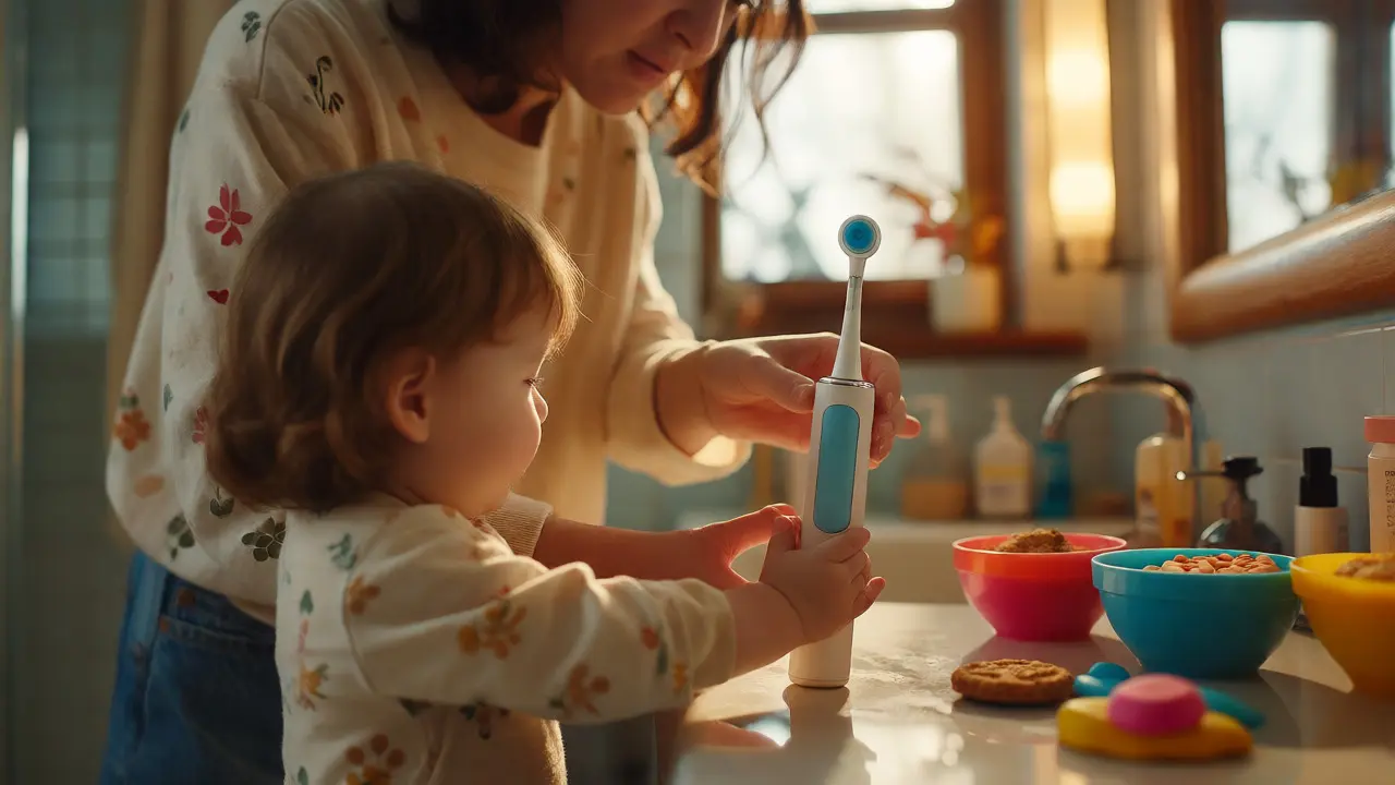 Rodič pomáhá malému dítěti čistit zuby elektrickým kartáčkem