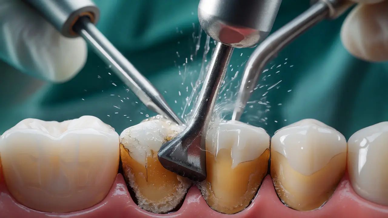 Ultrazvukový přístroj odstraňuje zubní kámen z povrchu zubu během dentální hygieny.
