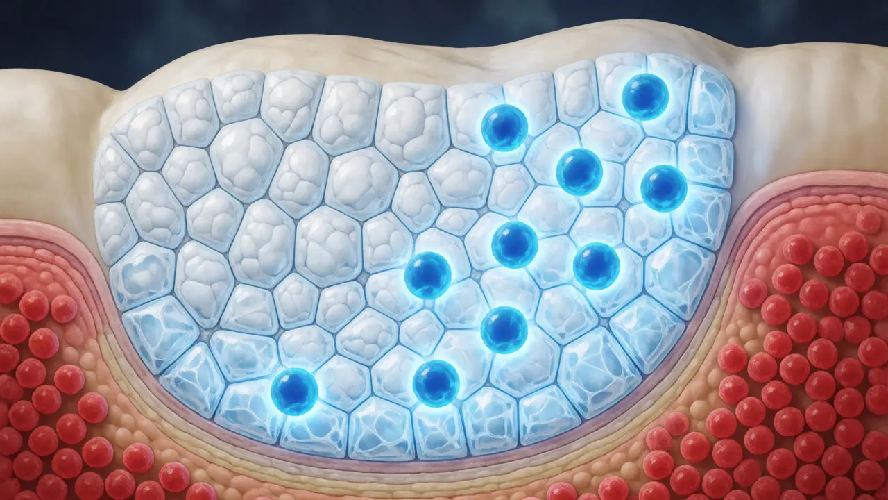 Vědecká ilustrace přeměny hydroxyapatitu na odolnější fluorapatit pomocí iontů fluoridu.