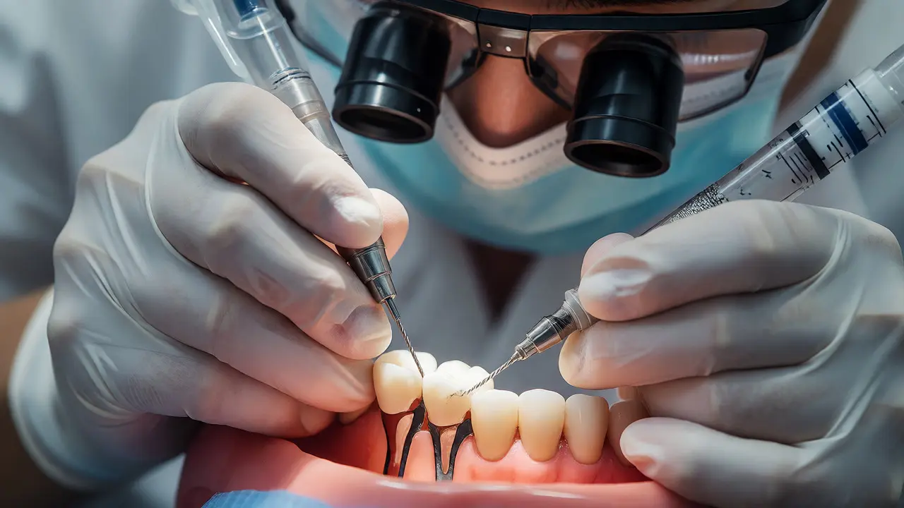 Zubař provádějící precizní endodontické ošetření kanálků