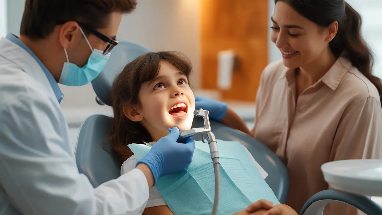Zubní hygienista čistí zuby klidnému dítěti v ordinaci