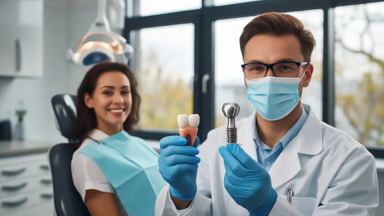 Zubní lékař v moderní ordinaci drží keramickou korunku vedle implantátu s spokojeným pacientem.