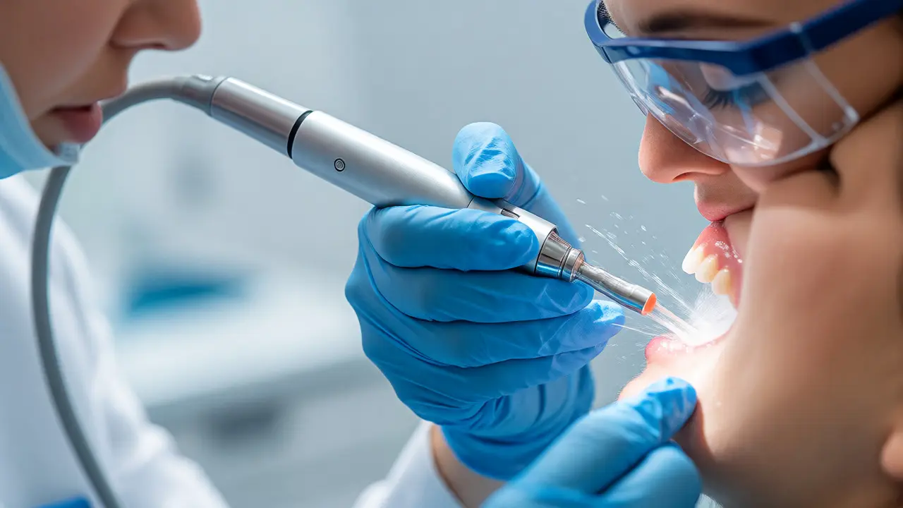 Dentální hygienistka odstraňuje kámen ultrazvukem