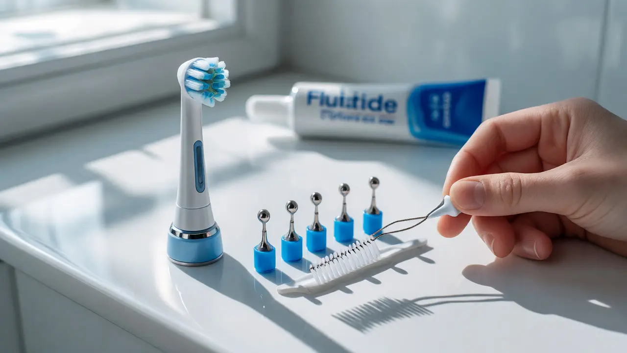 Elektrický kartáček s kulatou hlavicí a sada mezizubních kartáčků na umyvadle