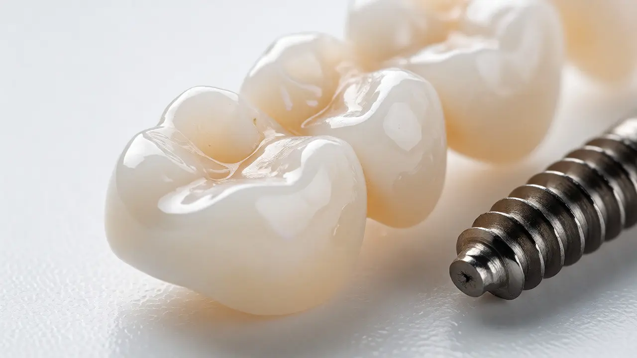 Keramická korunka a titanový implantát vedle sebe