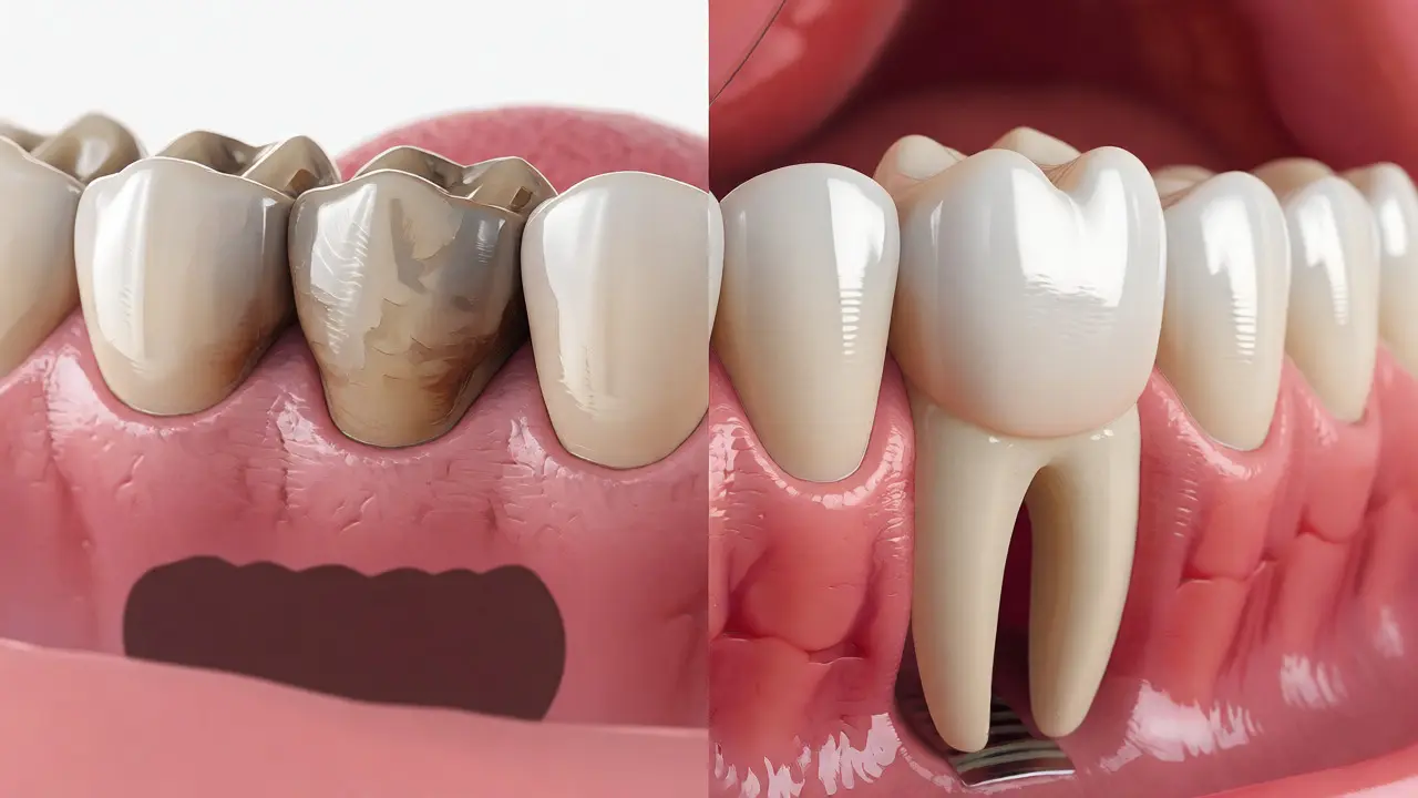 Konceptuální porovnání dlouhodobého stavu zubního mostu a zdravého implantátu