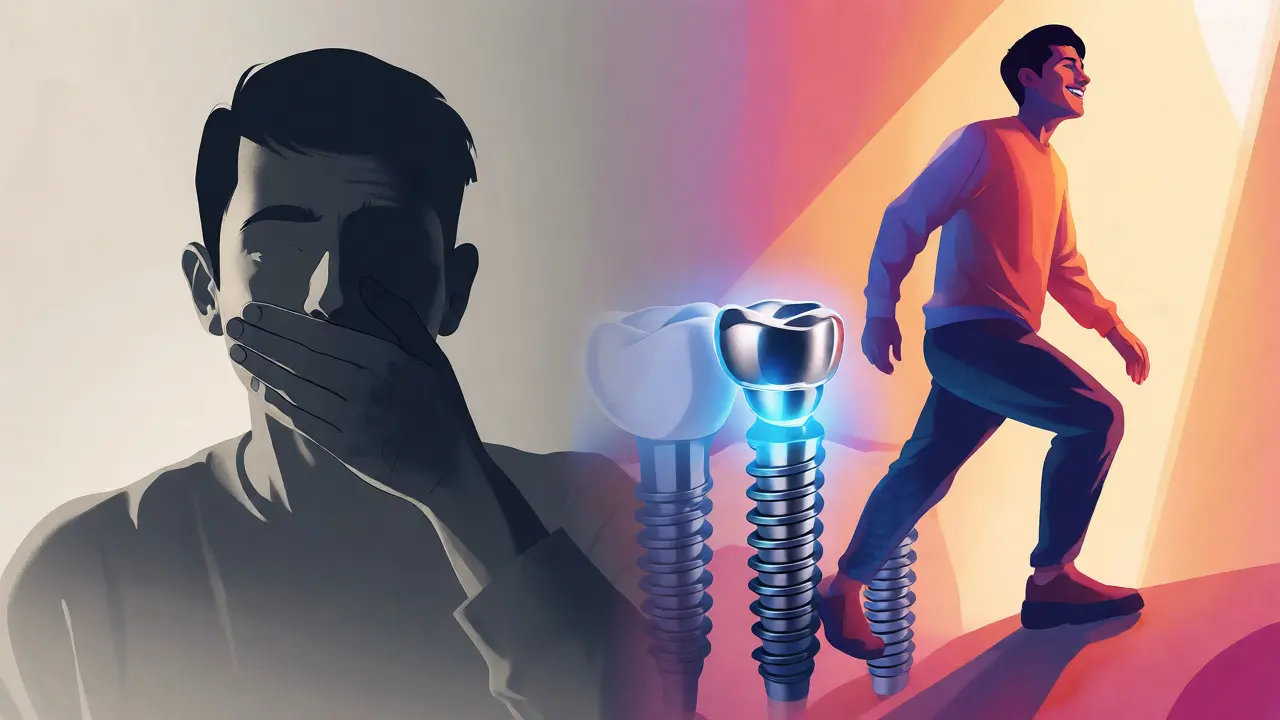 Konceptuální umění znázorňující přechod od izolace k sebevědomí díky implantátům.