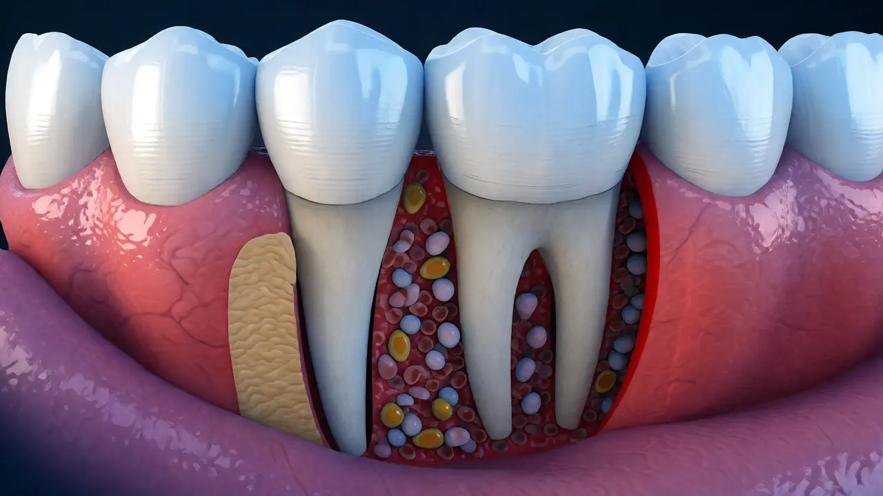 Lékařská ilustrace pokročilého zánětu kosti kolem implantátu