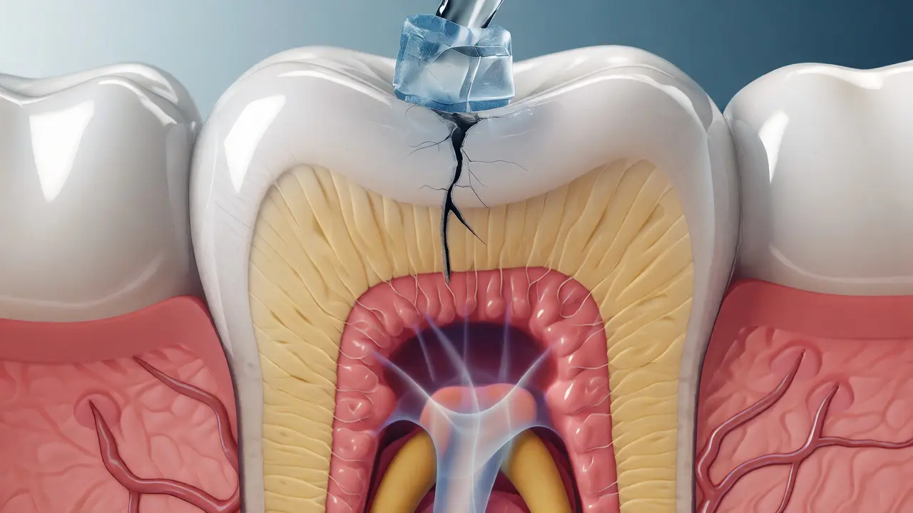 Řez zubem s prasklou sklovinou odhalující citlivý dentin a nerv