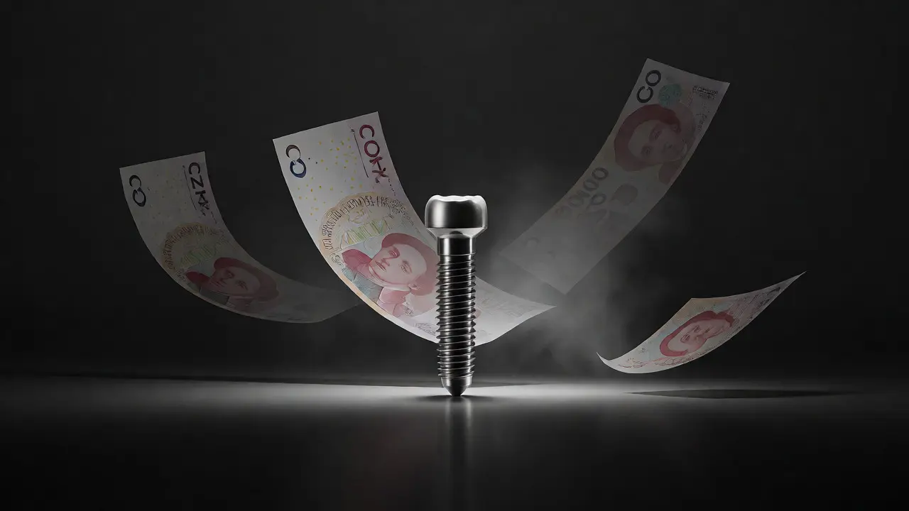 Titanový zubní implantát obklopený rozplývajícími se bankovkami